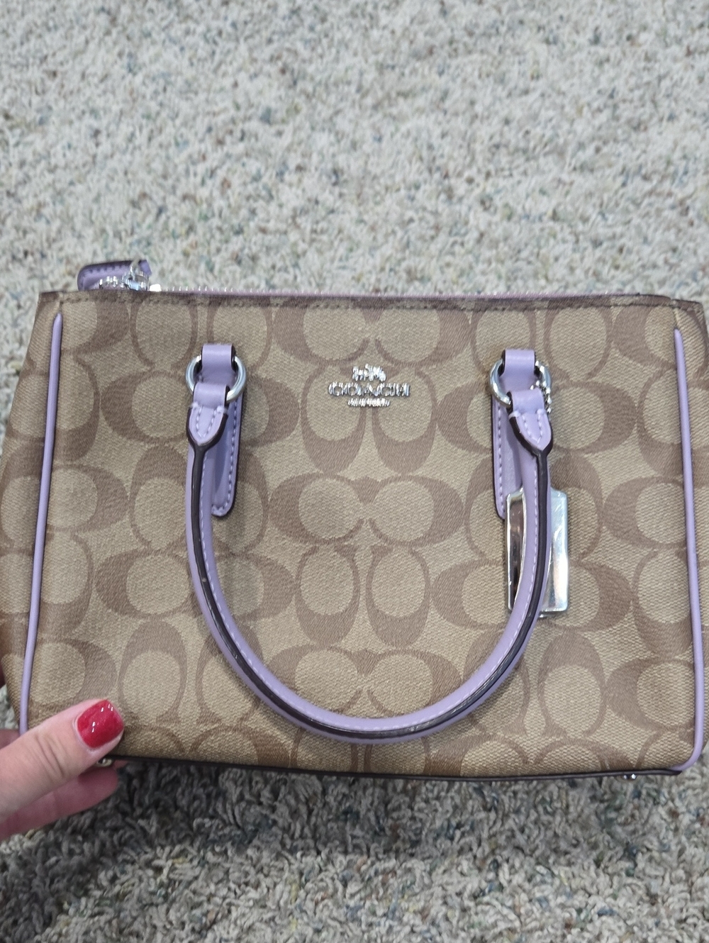 Coach Tan Signature Satchel with Lilac Trim